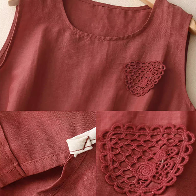 Chaleco de lino y algodón para mujer, sin mangas, cuello redondo, informal, con bordado de Buddha Stones, diseño de patchwork, de color puro - image 14