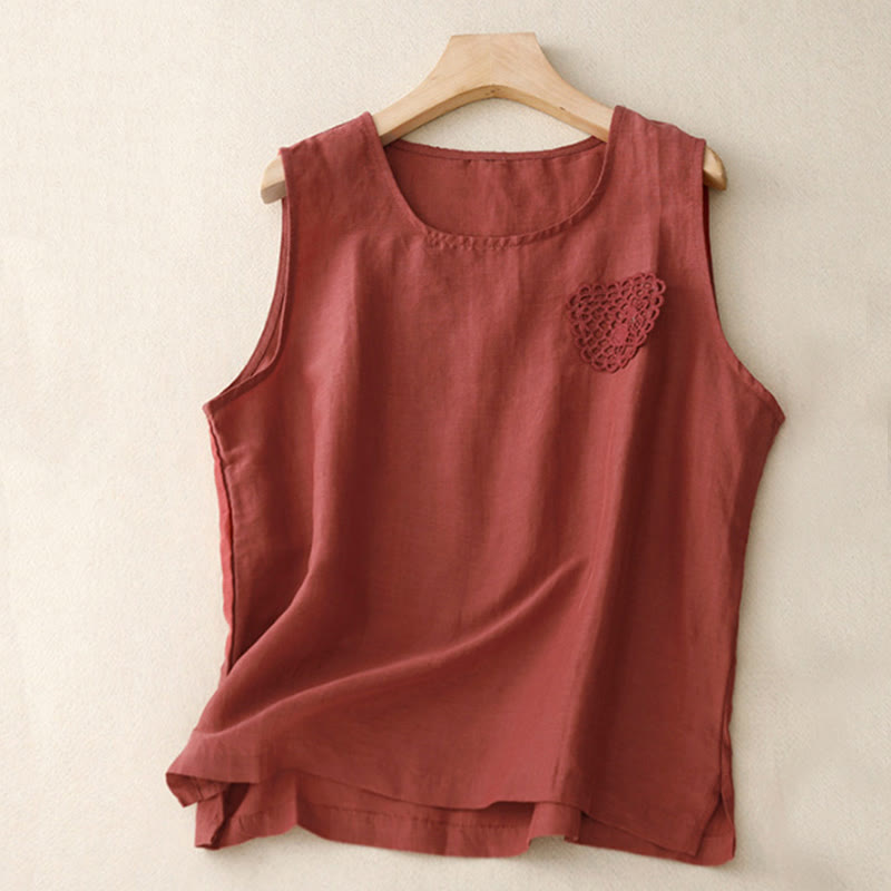 Chaleco de lino y algodón para mujer, sin mangas, cuello redondo, informal, con bordado de Buddha Stones, diseño de patchwork, de color puro - Ladrillo refractario - US12, UK/AU16, EU44 (3XL) - image 11