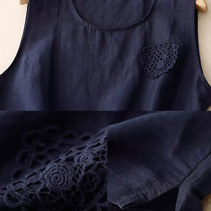 Chaleco de lino y algodón para mujer, sin mangas, cuello redondo, informal, con bordado de Buddha Stones, diseño de patchwork, de color puro - image 10
