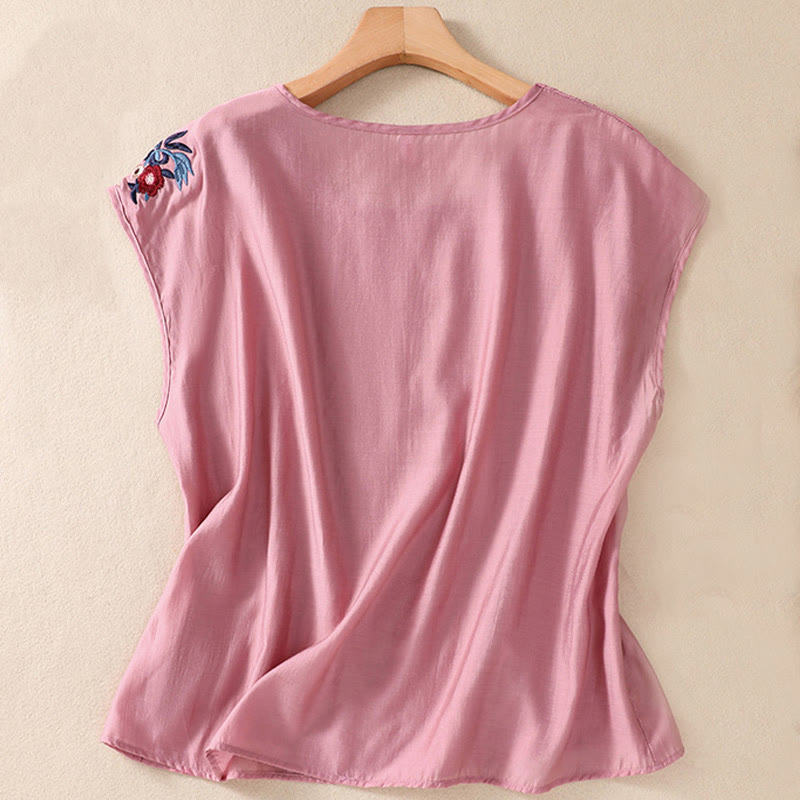 Buddha Stones informal vintage de algodón y lino con bordado de flores y cuello redondo sin mangas en color contrastante para mujer - image 1