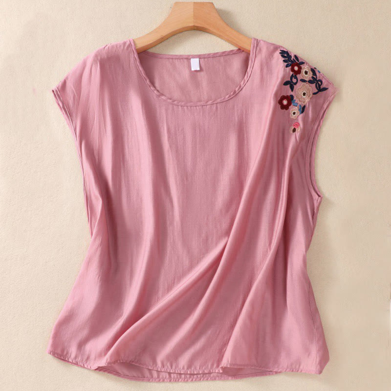 Buddha Stones informal vintage de algodón y lino con bordado de flores y cuello redondo sin mangas en color contrastante para mujer - Coral claro - US4-6, UK/AU8-10, EU36-38 (F) - image 0