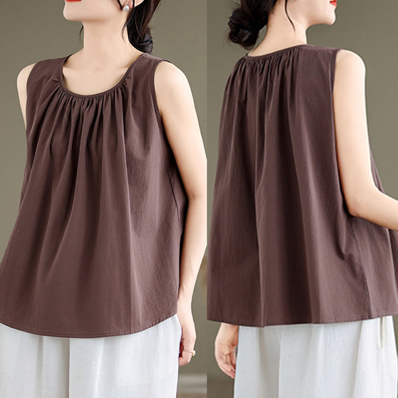 Chaleco de lino y algodón para mujer, diseño artístico de verano con Buddha Stones, color sólido, plisado y cuello redondo - image 9