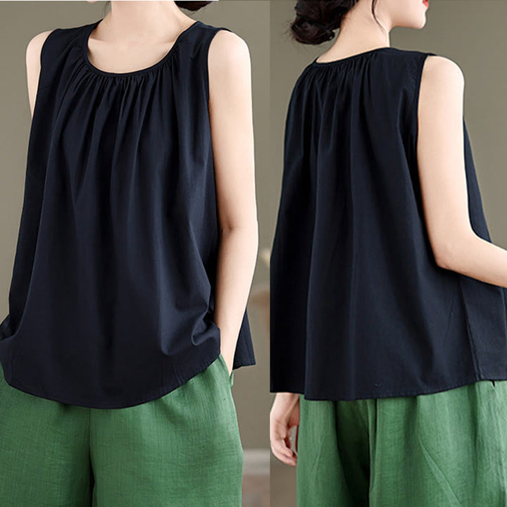 Chaleco de lino y algodón para mujer, diseño artístico de verano con Buddha Stones, color sólido, plisado y cuello redondo - image 14