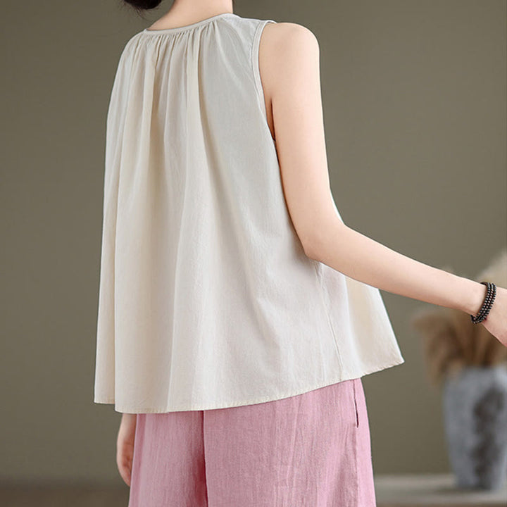 Chaleco de lino y algodón para mujer, diseño artístico de verano con Buddha Stones, color sólido, plisado y cuello redondo - image 18