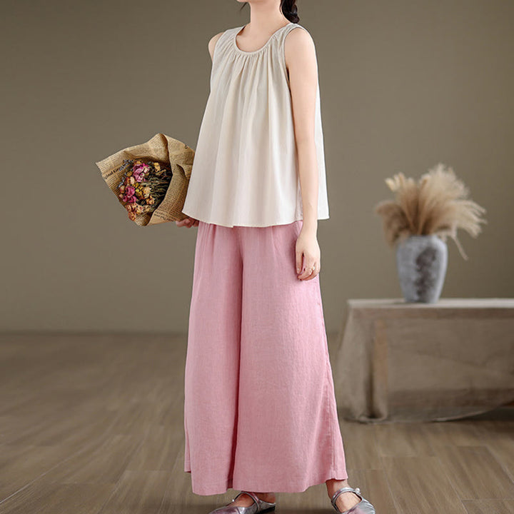 Chaleco de lino y algodón para mujer, diseño artístico de verano con Buddha Stones, color sólido, plisado y cuello redondo - image 20