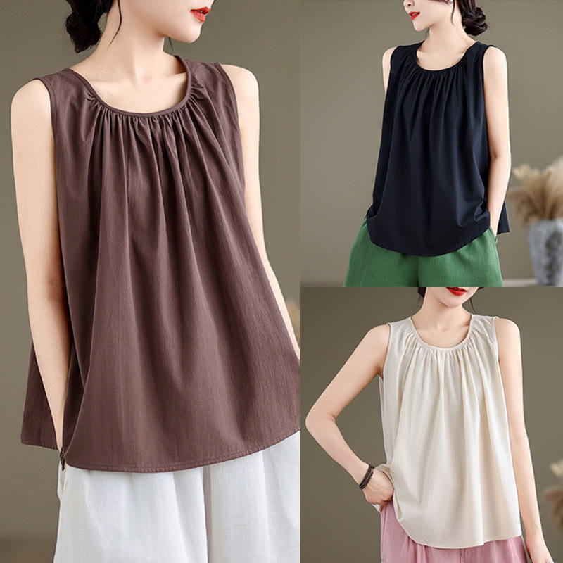 Chaleco de lino y algodón para mujer, diseño artístico de verano con Buddha Stones, color sólido, plisado y cuello redondo - image 21