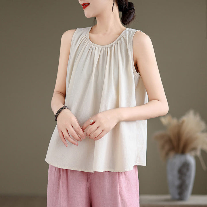 Chaleco de lino y algodón para mujer, diseño artístico de verano con Buddha Stones, color sólido, plisado y cuello redondo - Beige - US12, UK/AU16, EU44 (2XL) - image 15