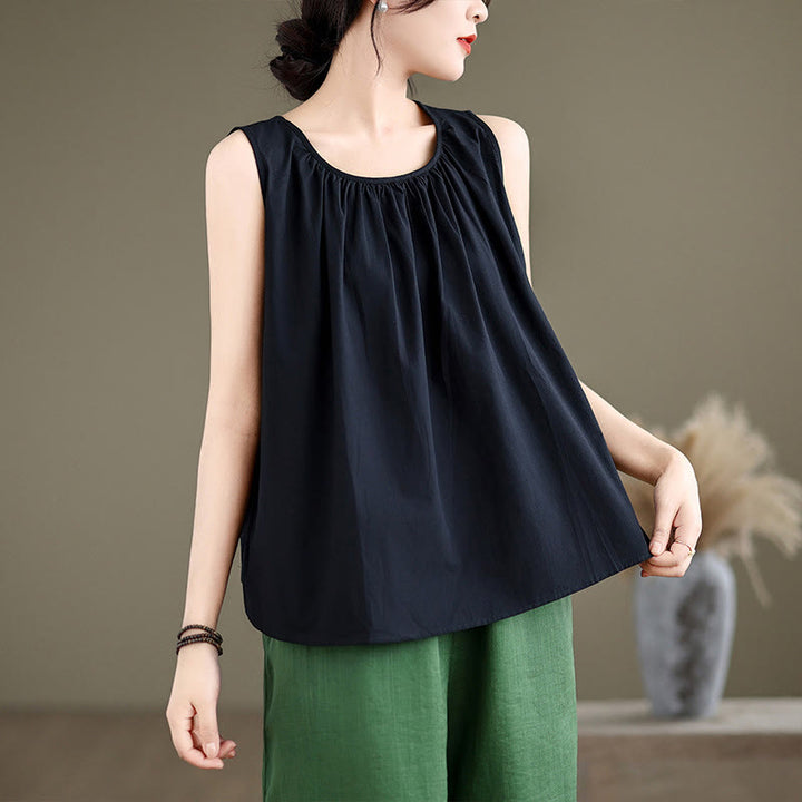 Chaleco de lino y algodón para mujer, diseño artístico de verano con Buddha Stones, color sólido, plisado y cuello redondo - Negro - US12, UK/AU16, EU44 (2XL) - image 10