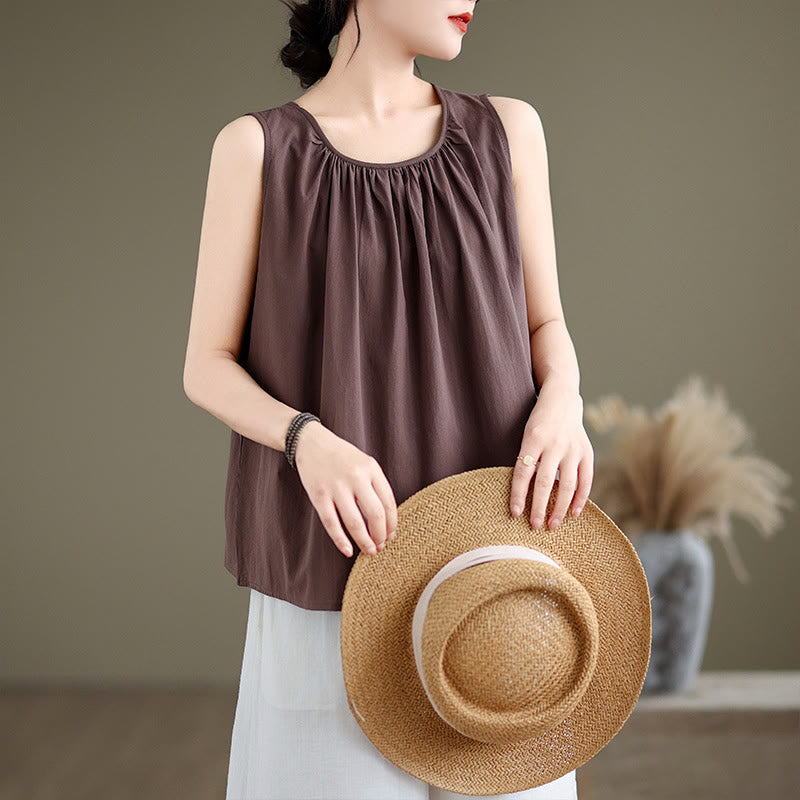 Chaleco de lino y algodón para mujer, diseño artístico de verano con Buddha Stones, color sólido, plisado y cuello redondo - SaddleBrown - US12, UK/AU16, EU44 (2XL) - image 0