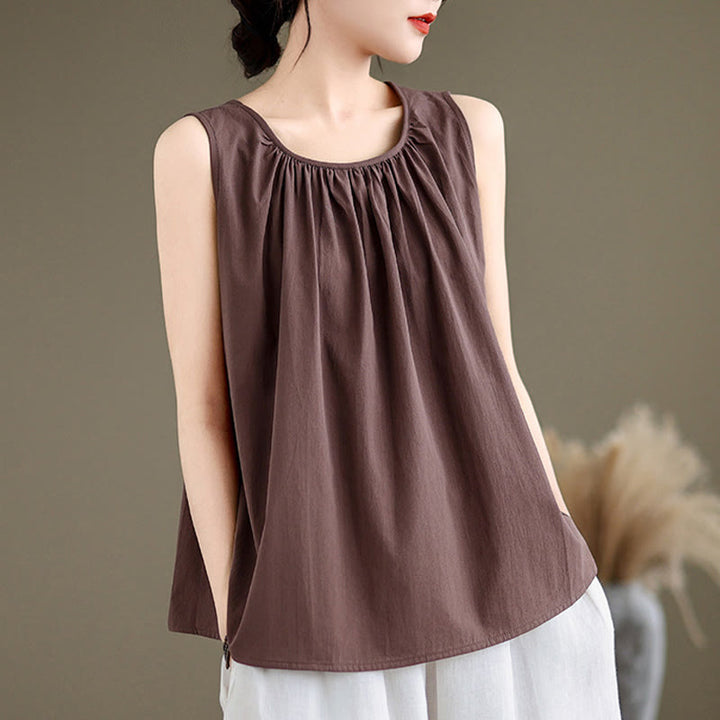 Chaleco de lino y algodón para mujer, diseño artístico de verano con Buddha Stones, color sólido, plisado y cuello redondo - image 1