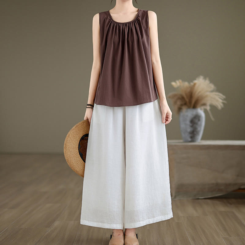 Chaleco de lino y algodón para mujer, diseño artístico de verano con Buddha Stones, color sólido, plisado y cuello redondo - image 4