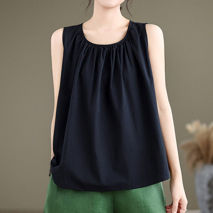 Chaleco de lino y algodón para mujer, diseño artístico de verano con Buddha Stones, color sólido, plisado y cuello redondo - image 11
