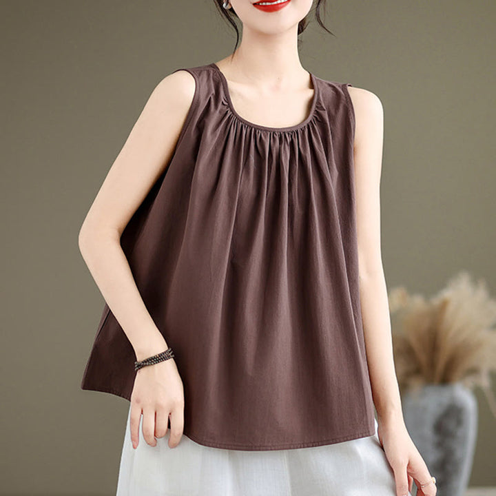 Chaleco de lino y algodón para mujer, diseño artístico de verano con Buddha Stones, color sólido, plisado y cuello redondo - image 2