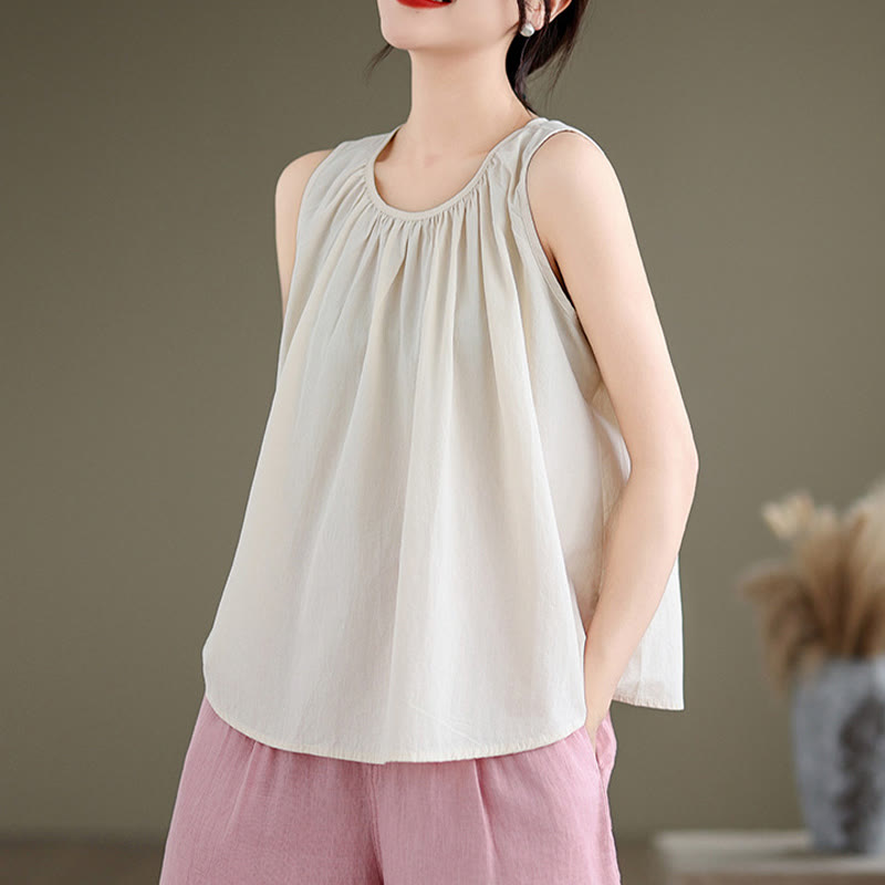 Chaleco de lino y algodón para mujer, diseño artístico de verano con Buddha Stones, color sólido, plisado y cuello redondo - image 16