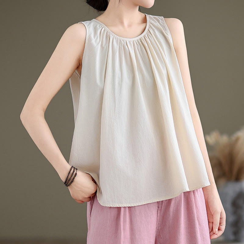 Chaleco de lino y algodón para mujer, diseño artístico de verano con Buddha Stones, color sólido, plisado y cuello redondo - image 19