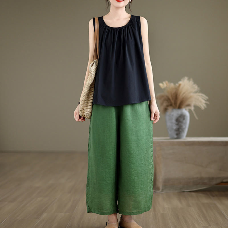 Chaleco de lino y algodón para mujer, diseño artístico de verano con Buddha Stones, color sólido, plisado y cuello redondo - image 13