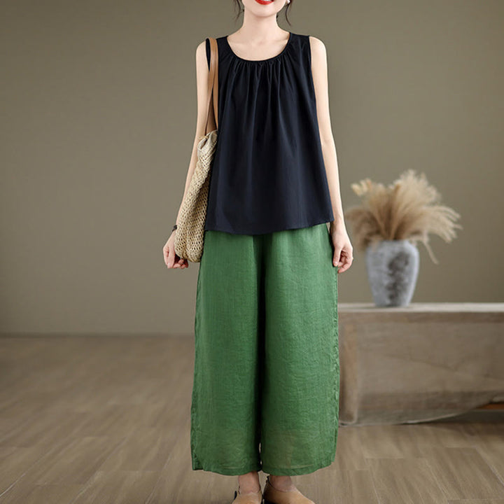 Chaleco de lino y algodón para mujer, diseño artístico de verano con Buddha Stones, color sólido, plisado y cuello redondo - image 13