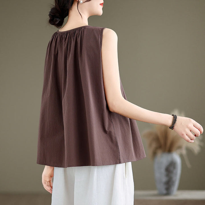 Chaleco de lino y algodón para mujer, diseño artístico de verano con Buddha Stones, color sólido, plisado y cuello redondo - image 3