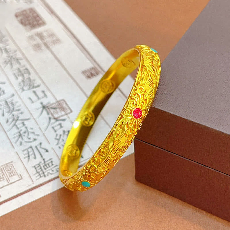 Pulsera de la suerte con Buddha Stones, flores y hojas bañadas en oro y cobre