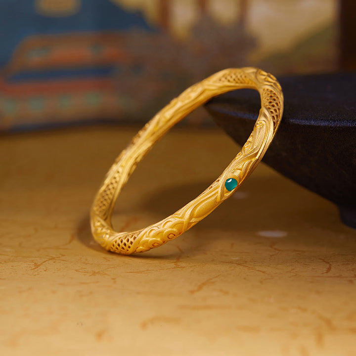 Buddha Stones Pulsera de bendición con diseño hueco de flor dorada de plata de ley 999 - 59 milímetros - image 0