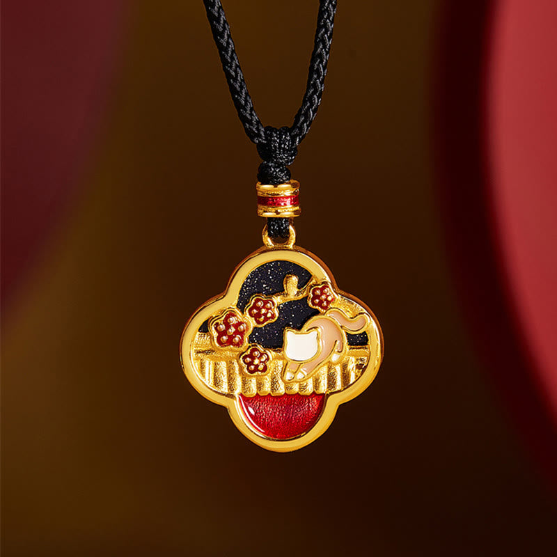 Collar con colgante de plata de ley 925 con Buddha Stones, flor de ciruelo, gato y trébol de cuatro hojas. - Plata de ley 925 - image 0