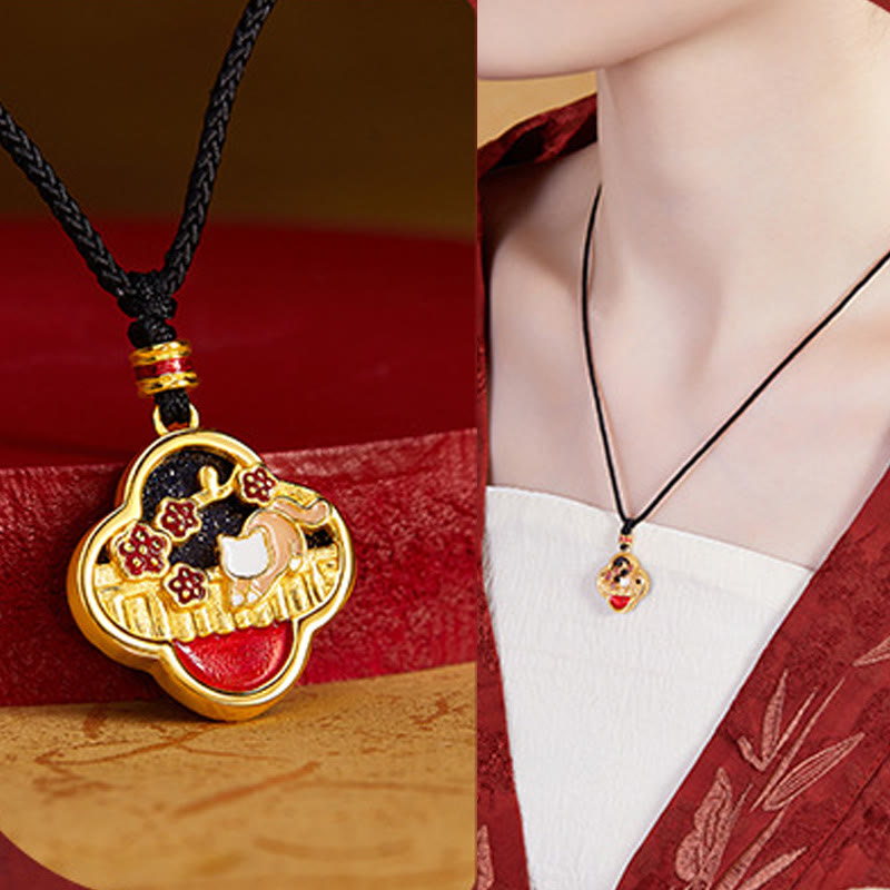 Collar con colgante de plata de ley 925 con Buddha Stones, flor de ciruelo, gato y trébol de cuatro hojas. - image 8