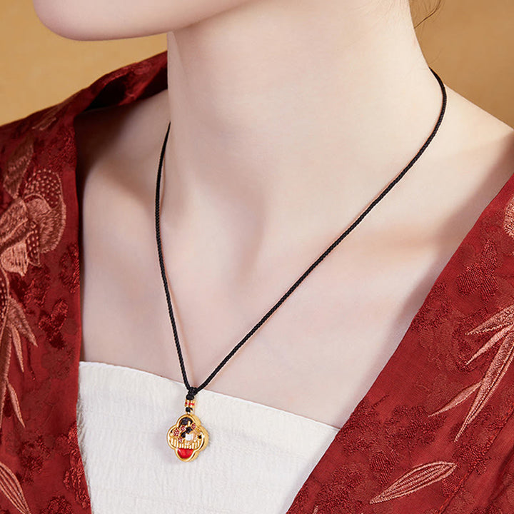 Collar con colgante de plata de ley 925 con Buddha Stones, flor de ciruelo, gato y trébol de cuatro hojas. - image 5