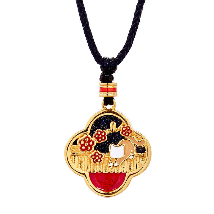 Collar con colgante de plata de ley 925 con Buddha Stones, flor de ciruelo, gato y trébol de cuatro hojas. - image 10