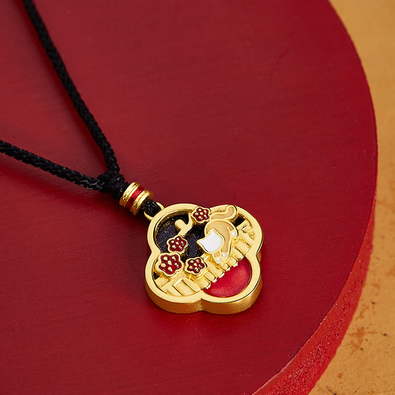 Collar con colgante de plata de ley 925 con Buddha Stones, flor de ciruelo, gato y trébol de cuatro hojas. - image 1