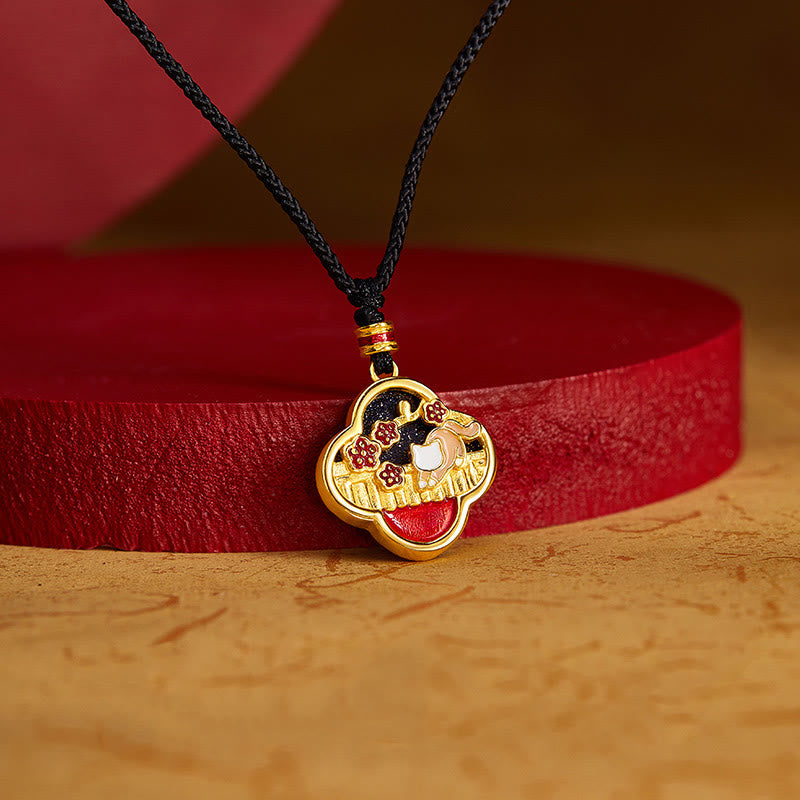 Collar con colgante de plata de ley 925 con Buddha Stones, flor de ciruelo, gato y trébol de cuatro hojas. - image 2