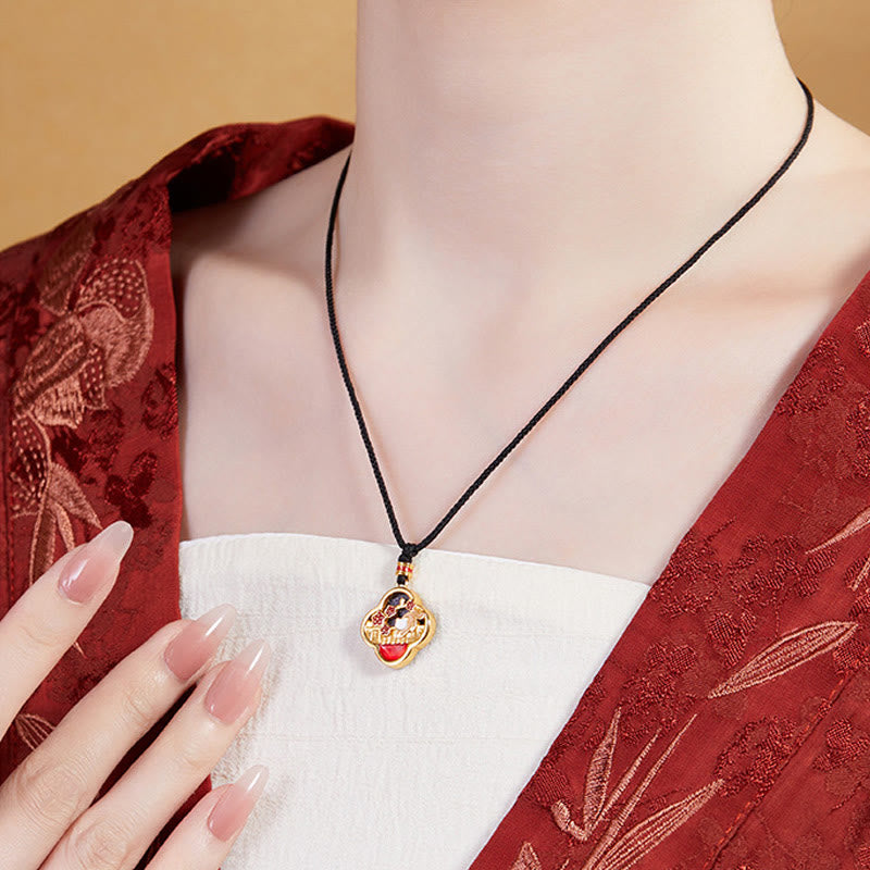 Collar con colgante de plata de ley 925 con Buddha Stones, flor de ciruelo, gato y trébol de cuatro hojas. - image 7