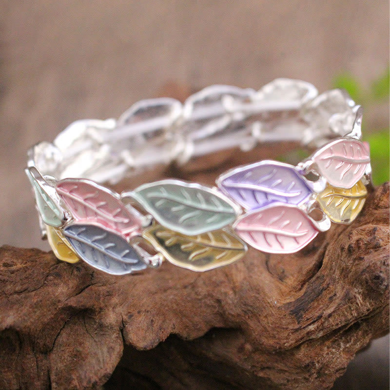 Pulsera elástica de aleación con hojas de colores y Buddha Stones para la suerte