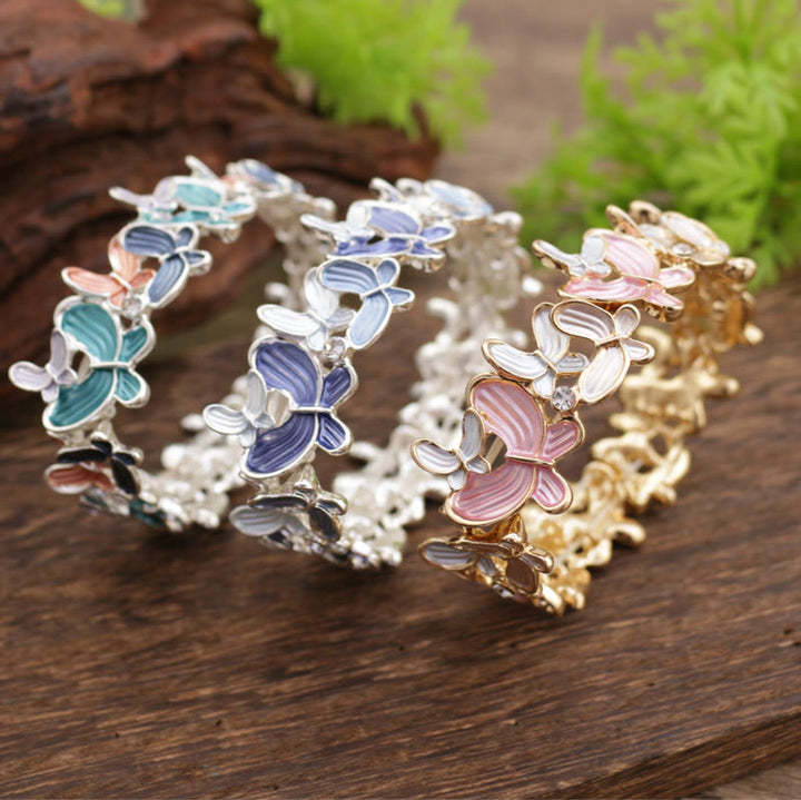 Pulsera elástica de aleación con diseño de mariposas coloridas y Buddha Stones