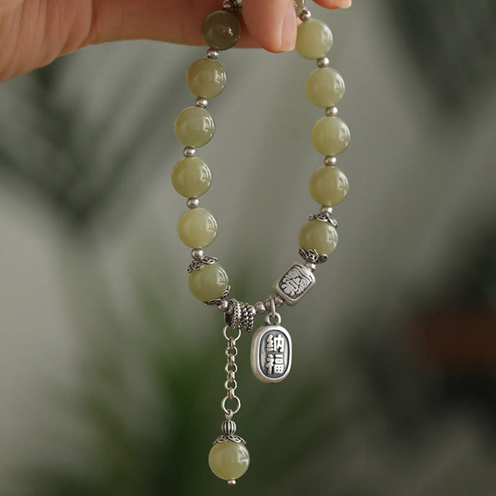 Pulsera de la suerte con cuentas de jade hetiano de plata de ley 925 y Buddha Stones