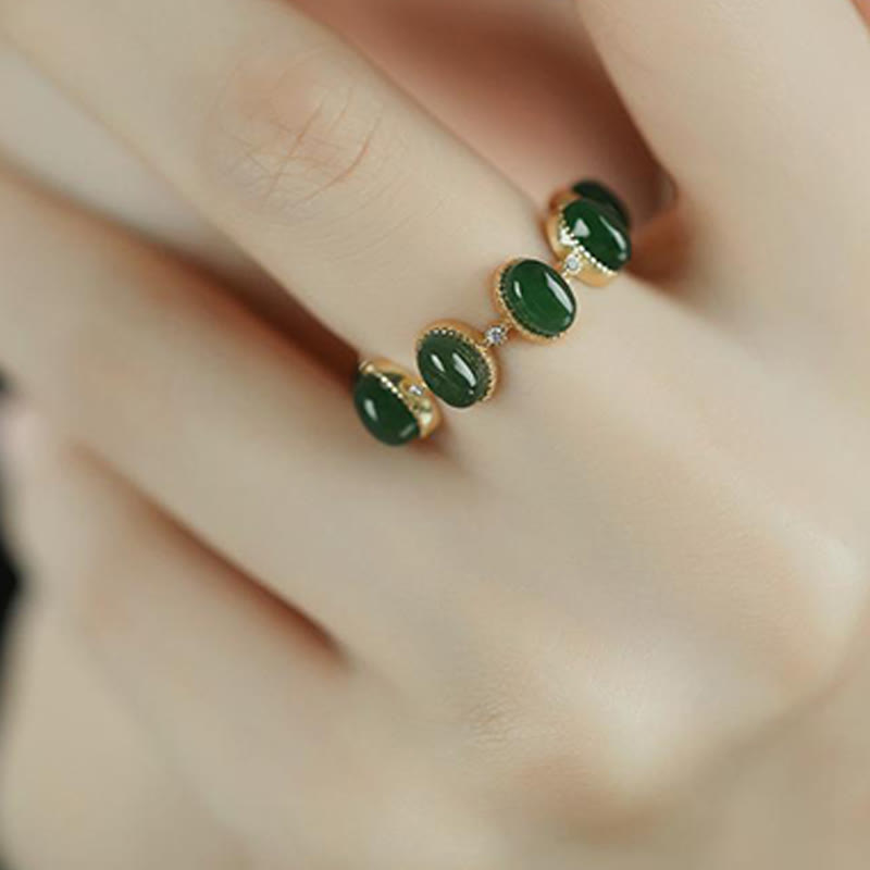 Anillo ajustable curativo con cuentas de jade cian hetiano de plata de ley 925 y Buddha Stones