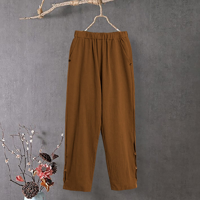 Pantalones de lino y algodón para mujer con diseño casual de Buddha Stones, color puro, con puños abotonados y bolsillos - Vara de oro oscuro - US14, UK/AU18, EU46 (3XL) - image 7