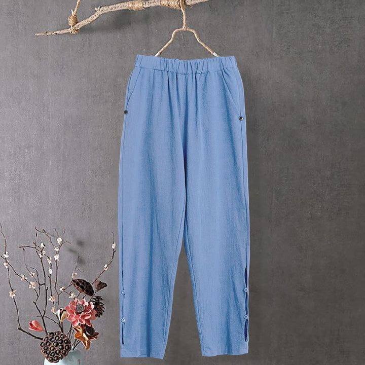 Pantalones de lino y algodón para mujer con diseño casual de Buddha Stones, color puro, con puños abotonados y bolsillos - Azul aciano - US14, UK/AU18, EU46 (3XL) - image 16