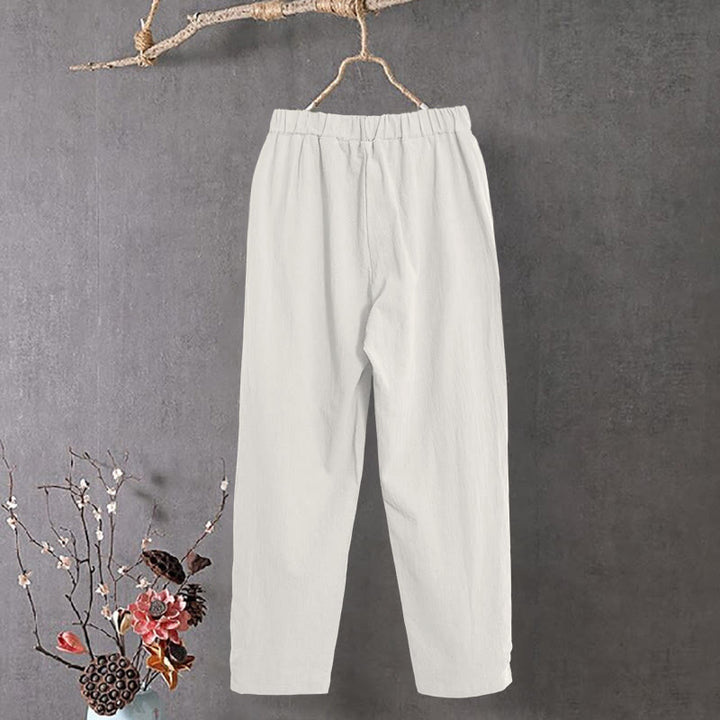 Pantalones de lino y algodón para mujer con diseño casual de Buddha Stones, color puro, con puños abotonados y bolsillos - image 11