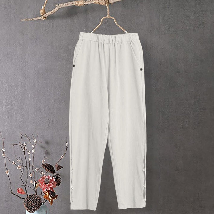 Pantalones de lino y algodón para mujer con diseño casual de Buddha Stones, color puro, con puños abotonados y bolsillos - image 9