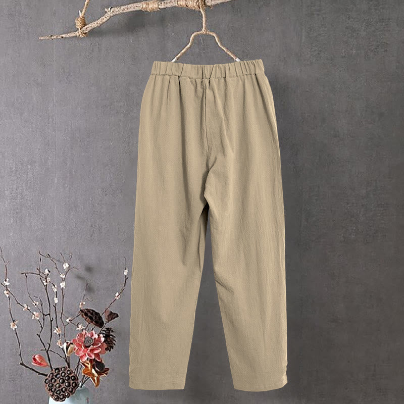 Pantalones de lino y algodón para mujer con diseño casual de Buddha Stones, color puro, con puños abotonados y bolsillos - image 2