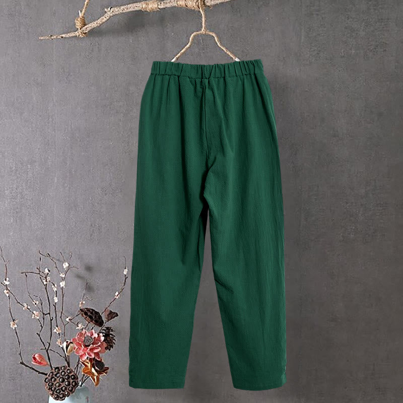 Pantalones de lino y algodón para mujer con diseño casual de Buddha Stones, color puro, con puños abotonados y bolsillos - image 20