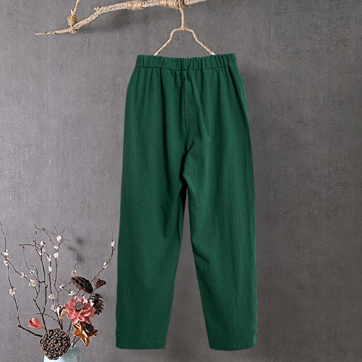 Pantalones de lino y algodón para mujer con diseño casual de Buddha Stones, color puro, con puños abotonados y bolsillos - image 20