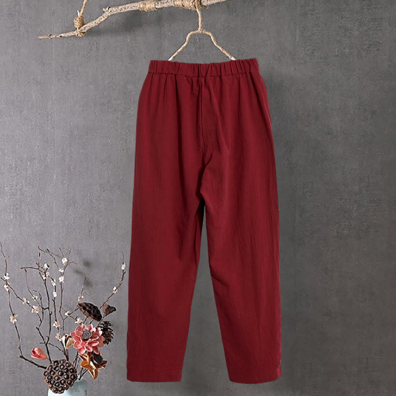 Pantalones de lino y algodón para mujer con diseño casual de Buddha Stones, color puro, con puños abotonados y bolsillos - image 14