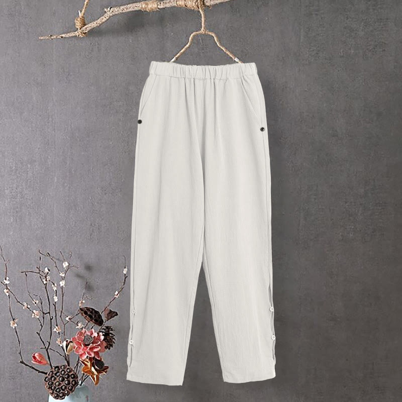 Pantalones de lino y algodón para mujer con diseño casual de Buddha Stones, color puro, con puños abotonados y bolsillos - Blanco - US14, UK/AU18, EU46 (3XL) - image 10