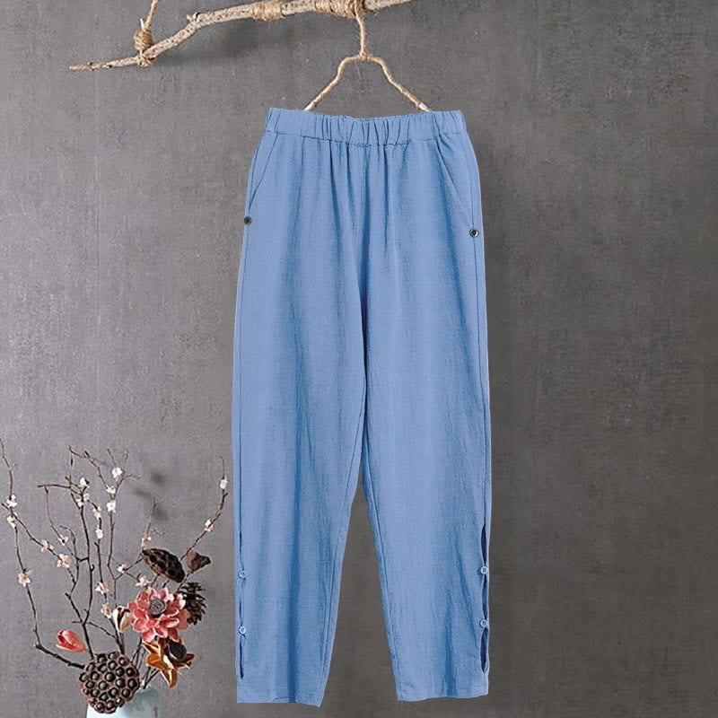 Pantalones de lino y algodón para mujer con diseño casual de Buddha Stones, color puro, con puños abotonados y bolsillos - Azul aciano - US14, UK/AU18, EU46 (3XL) - image 16