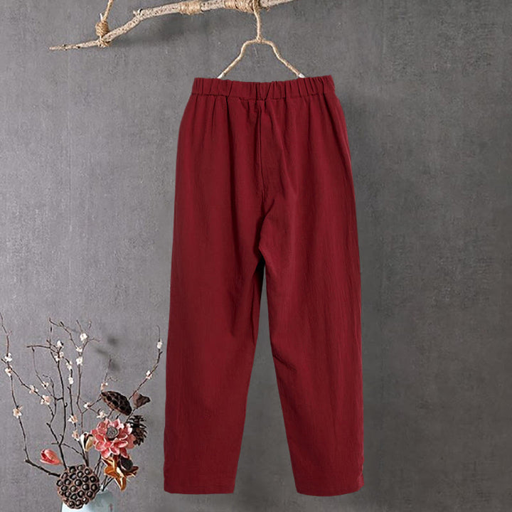 Pantalones de lino y algodón para mujer con diseño casual de Buddha Stones, color puro, con puños abotonados y bolsillos - image 14
