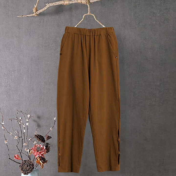 Pantalones de lino y algodón para mujer con diseño casual de Buddha Stones, color puro, con puños abotonados y bolsillos - image 6