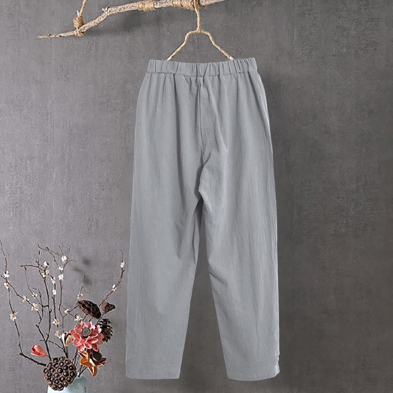 Pantalones de lino y algodón para mujer con diseño casual de Buddha Stones, color puro, con puños abotonados y bolsillos - image 23