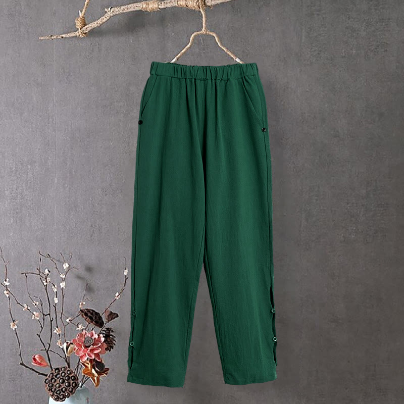 Pantalones de lino y algodón para mujer con diseño casual de Buddha Stones, color puro, con puños abotonados y bolsillos - Verde - US14, UK/AU18, EU46 (3XL) - image 19