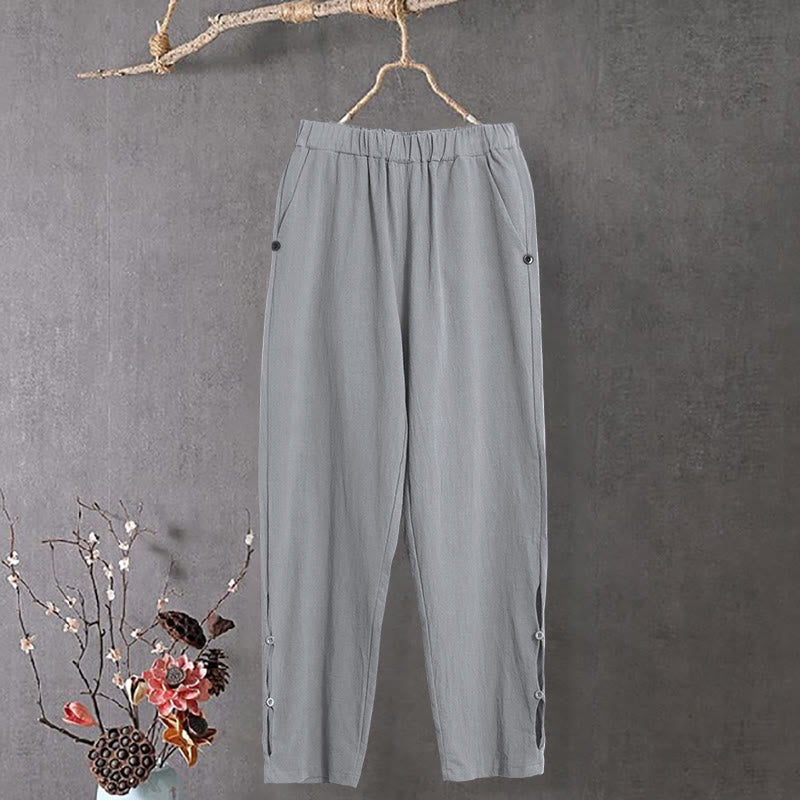 Pantalones de lino y algodón para mujer con diseño casual de Buddha Stones, color puro, con puños abotonados y bolsillos - image 21